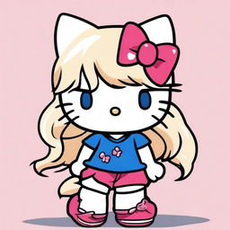 Create an image of Hello Kitty with chest-high, wavy blond hair and blue eyes