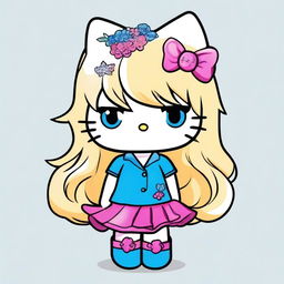 Create an image of Hello Kitty with chest-high, wavy blond hair and blue eyes