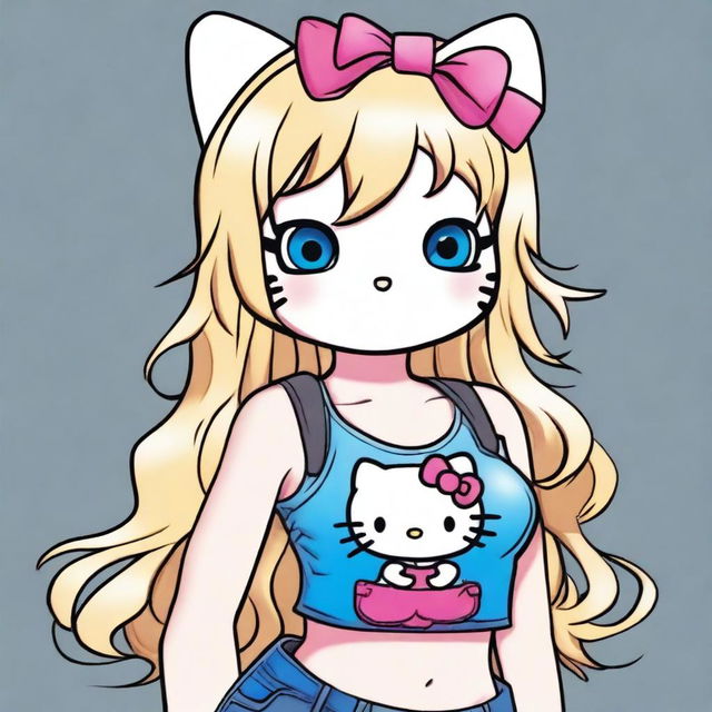 Create an image of Hello Kitty with chest-high, wavy blond hair and blue eyes