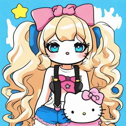 Create an image of Hello Kitty with chest-high, wavy blond hair and blue eyes