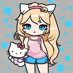 Create an image of Hello Kitty with chest-high, wavy blond hair and blue eyes