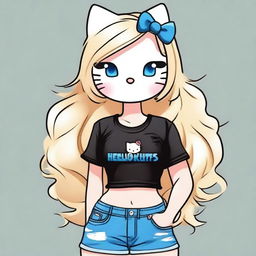 Create an image of Hello Kitty with chest-high, wavy blond hair and blue eyes