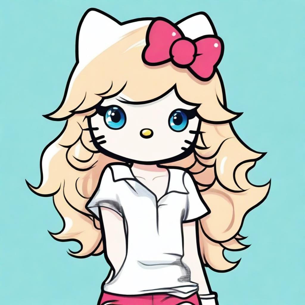 Create an image of Hello Kitty with chest-high, wavy blond hair and blue eyes