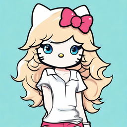 Create an image of Hello Kitty with chest-high, wavy blond hair and blue eyes