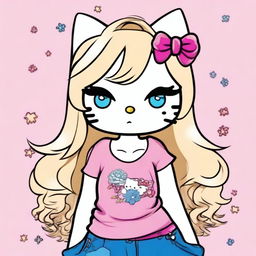 Create an image of Hello Kitty with chest-high, wavy blond hair and blue eyes