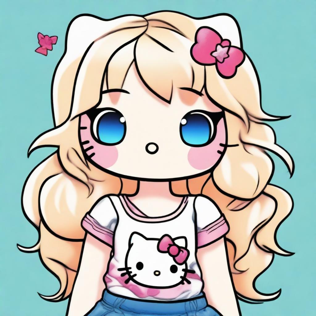 Create an image of Hello Kitty with chest-high, wavy blond hair and blue eyes