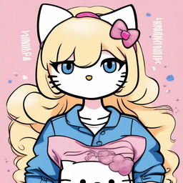 Create an image of Hello Kitty with chest-high, wavy blond hair and blue eyes