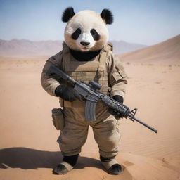 Anthropomorphic panda in desert camouflage tactical gear, clenching an AK47 in its paws, remaining vigilant amidst the shifting sands of a vast desert landscape.