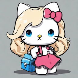 Create an image of a chunky Hello Kitty with chest-high, wavy blond hair and blue eyes