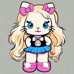 Create an image of a chunky Hello Kitty with chest-high, wavy blond hair and blue eyes