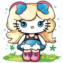 Create an image of a chunky Hello Kitty with chest-high, wavy blond hair and blue eyes