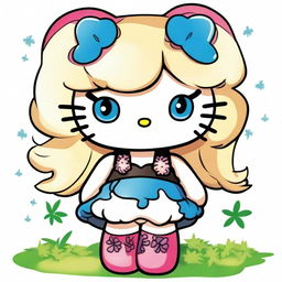 Create an image of a chunky Hello Kitty with chest-high, wavy blond hair and blue eyes