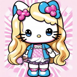 Create an image of a chunky Hello Kitty with chest-high, wavy blond hair and blue eyes