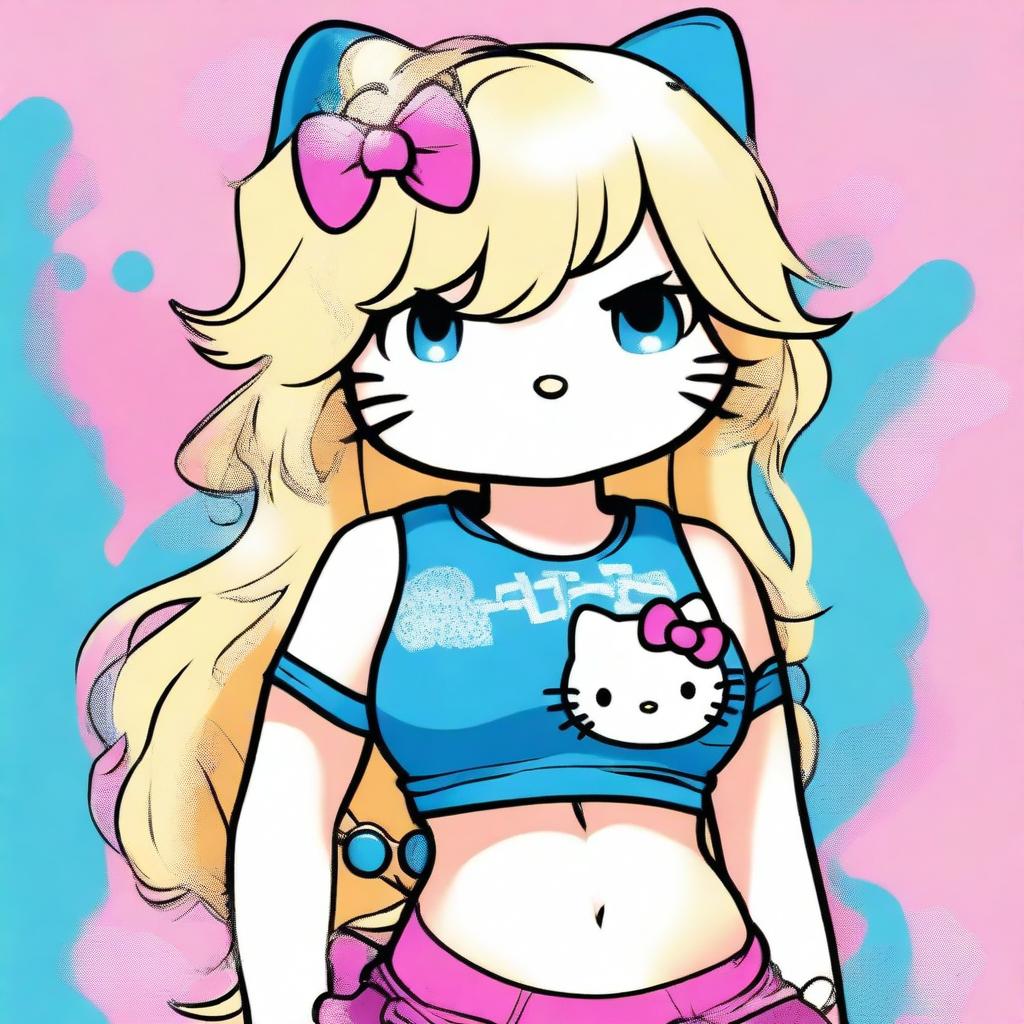 Create an image of a chunky Hello Kitty with chest-high, wavy blond hair and blue eyes