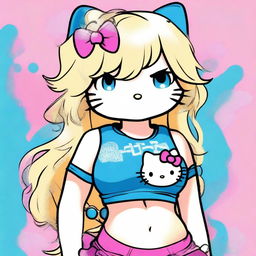 Create an image of a chunky Hello Kitty with chest-high, wavy blond hair and blue eyes