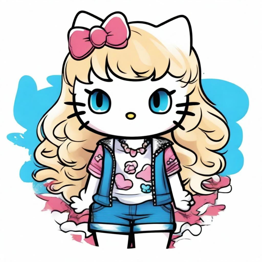 Create an image of a chunky Hello Kitty with chest-high, wavy blond hair and blue eyes