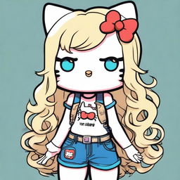 Create an image of a chunky Hello Kitty with chest-high, wavy blond hair and blue eyes