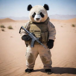 Anthropomorphic panda in desert camouflage tactical gear, clenching an AK47 in its paws, remaining vigilant amidst the shifting sands of a vast desert landscape.