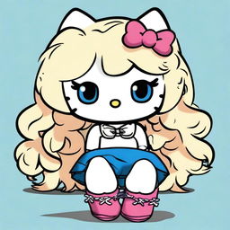 Create an image of a chunky Hello Kitty with chest-high, wavy blond hair and blue eyes