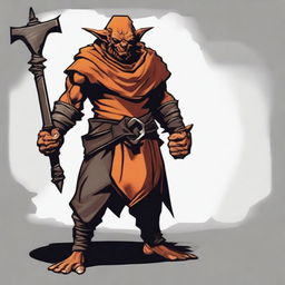 Create an image of Brhoot, a hobgoblin with dark orange or red-orange skin, and hair that varies between black and dark brown