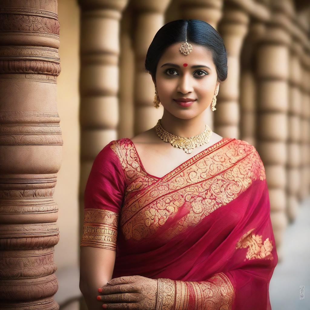 A girl wearing an expensive Indian sari, showcasing the intricate designs and vibrant colors