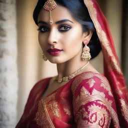 A girl wearing an expensive Indian sari, showcasing the intricate designs and vibrant colors