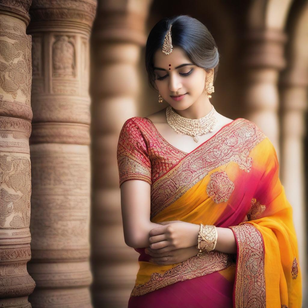 A girl wearing an expensive Indian sari, showcasing the intricate designs and vibrant colors