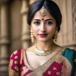 A girl wearing an expensive Indian sari, showcasing the intricate designs and vibrant colors