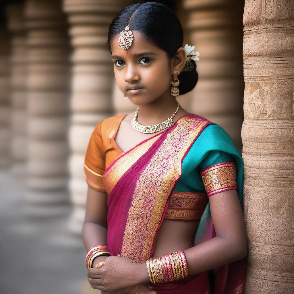 A young girl wearing a transparent sari, with a focus on the elegance and cultural significance of the traditional attire