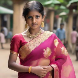 A young girl wearing a transparent sari, with a focus on the elegance and cultural significance of the traditional attire