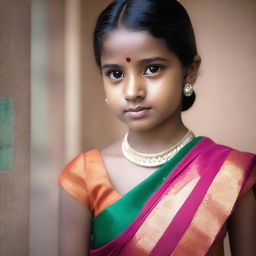 A young girl wearing a transparent sari, with a focus on the elegance and cultural significance of the traditional attire