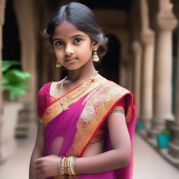 A young girl wearing a transparent sari, with a focus on the elegance and cultural significance of the traditional attire