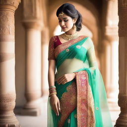 A woman wearing a transparent sari, which highlights her elegant and curvy figure