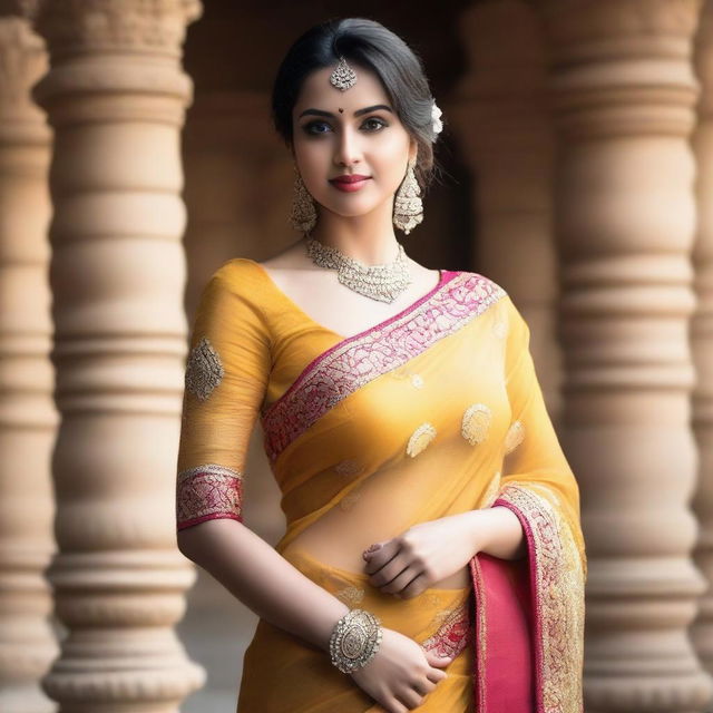 A woman wearing a transparent sari, which highlights her elegant and curvy figure