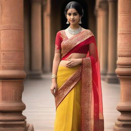 A woman wearing a transparent sari, which highlights her elegant and curvy figure