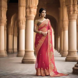 A woman wearing a transparent sari, which highlights her elegant and curvy figure