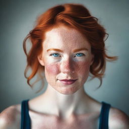 A detailed portrait of a Caucasian woman with red hair, blue eyes, and freckles on her cheeks, chest, and shoulders