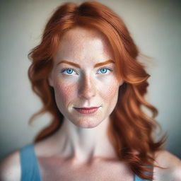 A detailed portrait of a Caucasian woman with red hair, blue eyes, and freckles on her cheeks, chest, and shoulders