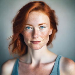 A detailed portrait of a Caucasian woman with red hair, blue eyes, and freckles on her cheeks, chest, and shoulders