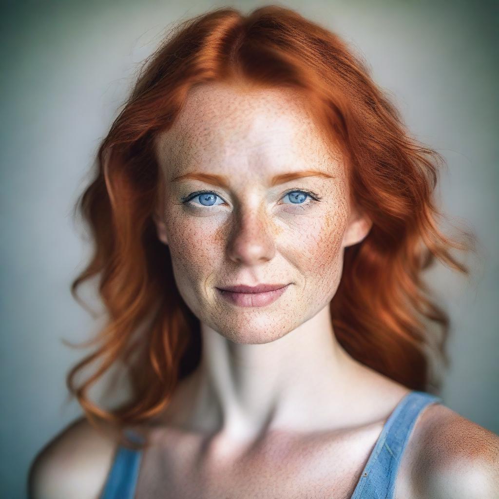 A detailed portrait of a Caucasian woman with red hair, blue eyes, and freckles on her cheeks, chest, and shoulders