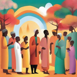 A harmonious scene depicting unity among diverse characters from various cultures and backgrounds, coming together in a beautiful, vibrant setting