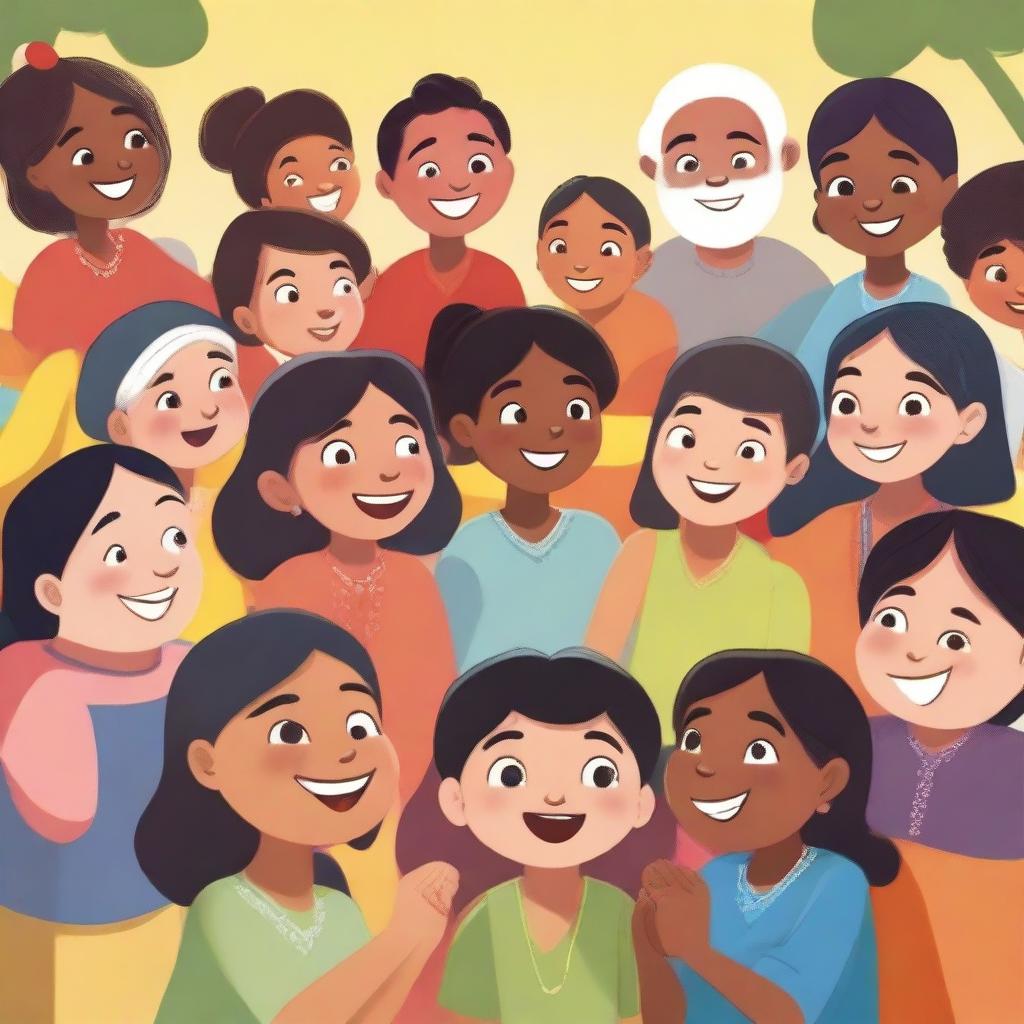 A heartwarming scene illustrating unity and friendship among diverse characters from different cultures and backgrounds