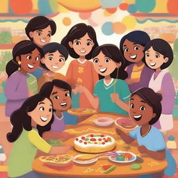 A heartwarming scene illustrating unity and friendship among diverse characters from different cultures and backgrounds