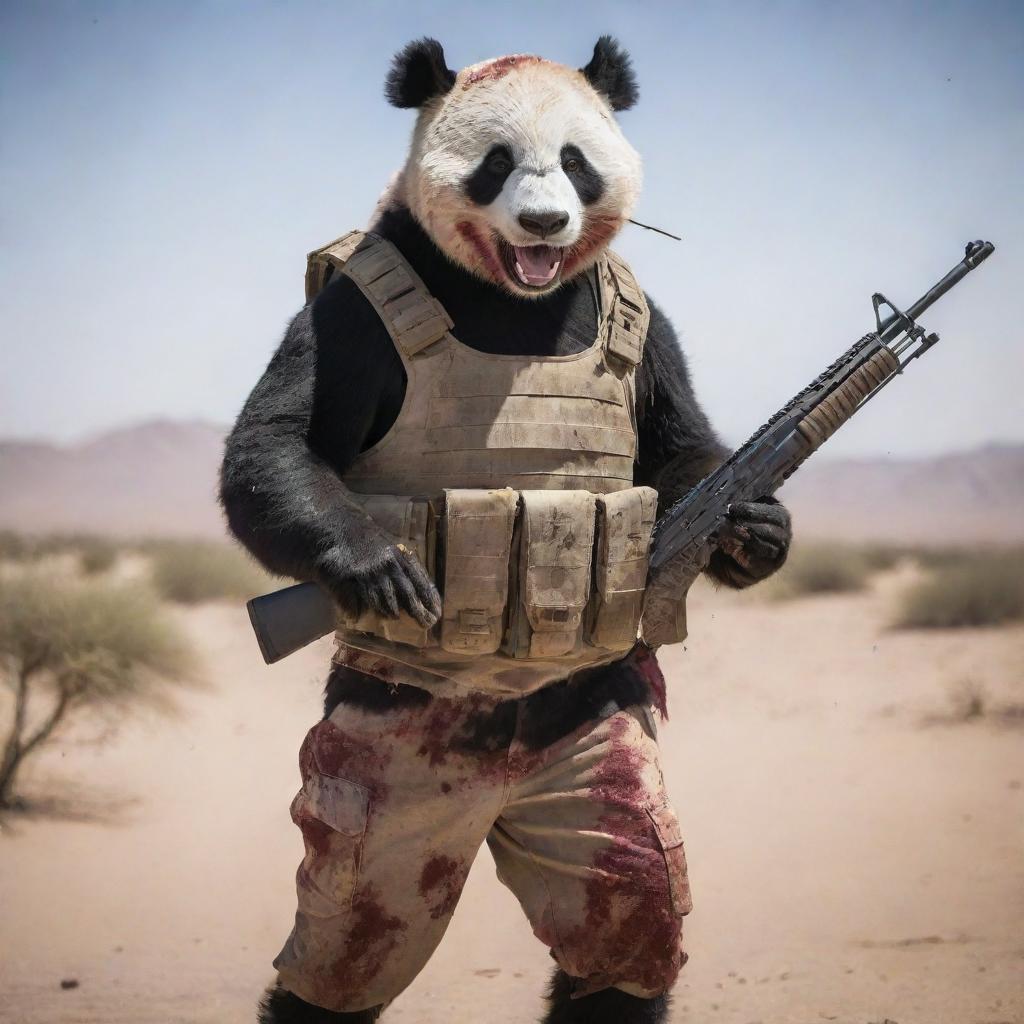 An anthropomorphic panda warrior in desert camouflage, bloodied but unbowed, ferociously yelling with an AK47 gripped tightly, standing resolute amidst the barren desert expanse.