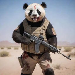 An anthropomorphic panda warrior in desert camouflage, bloodied but unbowed, ferociously yelling with an AK47 gripped tightly, standing resolute amidst the barren desert expanse.