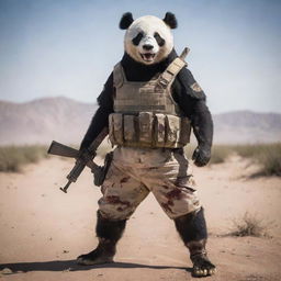 An anthropomorphic panda warrior in desert camouflage, bloodied but unbowed, ferociously yelling with an AK47 gripped tightly, standing resolute amidst the barren desert expanse.