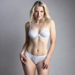 A blonde woman with white skin showing her big hips while wearing sexy underwear