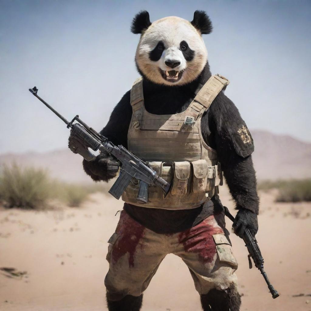 An anthropomorphic panda warrior in desert camouflage, bloodied but unbowed, ferociously yelling with an AK47 gripped tightly, standing resolute amidst the barren desert expanse.