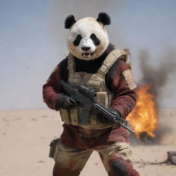 A fiercely resolute anthropomorphic panda warrior in desert camouflage, bloodied but unbowed, roaring amid a heated firefight in the stark expanse of the desert, AK47 ablaze.