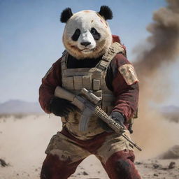 A fiercely resolute anthropomorphic panda warrior in desert camouflage, bloodied but unbowed, roaring amid a heated firefight in the stark expanse of the desert, AK47 ablaze.